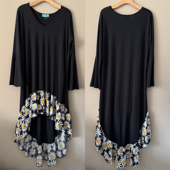 Rodeo Fox Black Bell Sleeve Daisy Print Ruffle High Low Hem Dress 2XL - Picture 1 of 5